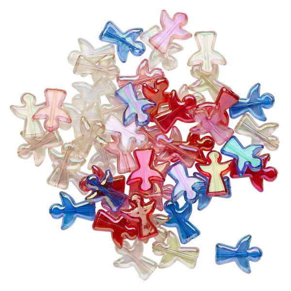 Bead, acrylic, assorted transparent colors AB, 23x19mm angel. Sold per pkg of 50. image number 1
