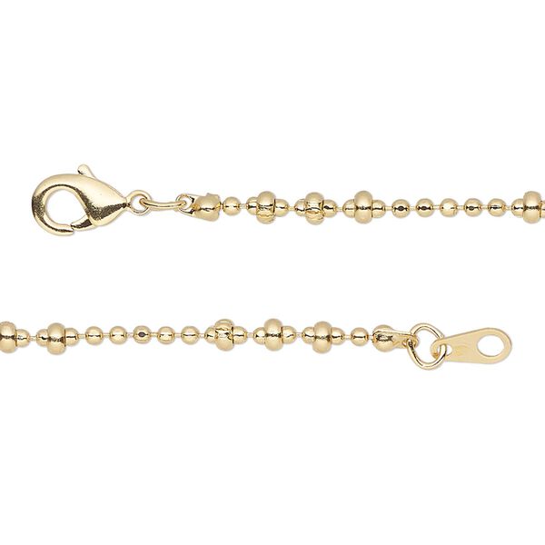 Chain, gold-finished brass, 1.5mm faceted ball and 2.8x1.5mm crimped rondelle, 18 inches with lobster claw clasp. Sold individually. image number 0