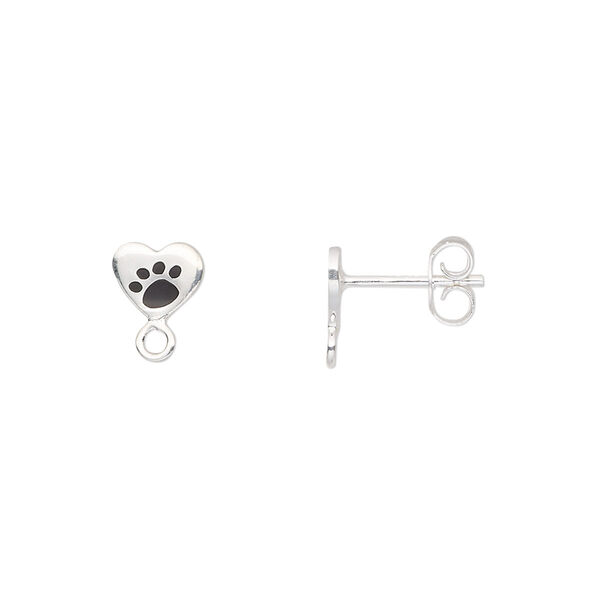 Earstud, enamel and sterling silver, black, 7x6mm heart with paw design and loop. Sold per pair. image number 0