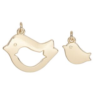 Charm, gold-finished "pewter" (zinc-based alloy) and steel, 27x20mm bird with cutout design and 15x10mm single-sided bird. Sold per pkg of (2) 2-piece sets.