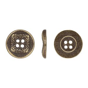 Button, antiqued brass-finished "pewter" (zinc-based alloy), 15mm single-sided wavy flat round with textured square design. Sold per pkg of 20.