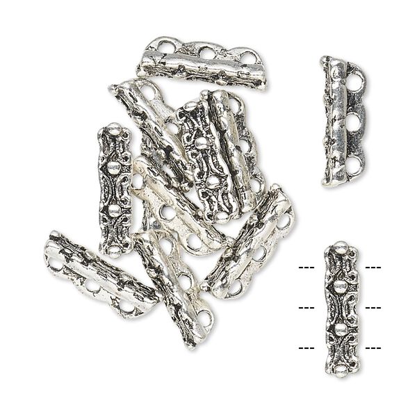 Spacer bar, antiqued "pewter" (zinc-based alloy), 14x4mm 3-strand rectangle, fits up to 4.5mm bead. Sold per pkg of 10. image number 0
