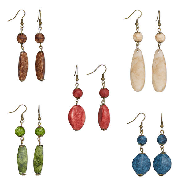 Earring mix, acrylic and antique brass-plated steel, multicolored, 59x10mm-78x18mm mixed shapes. Sold per pkg of 5 pairs. image number 0