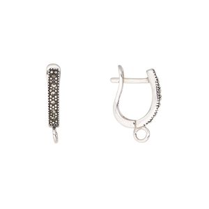 Ear wire leverback 1pkg2 sterling silver / marcasite (natural), 16mm hinged / open loop, antiqued 1 pair