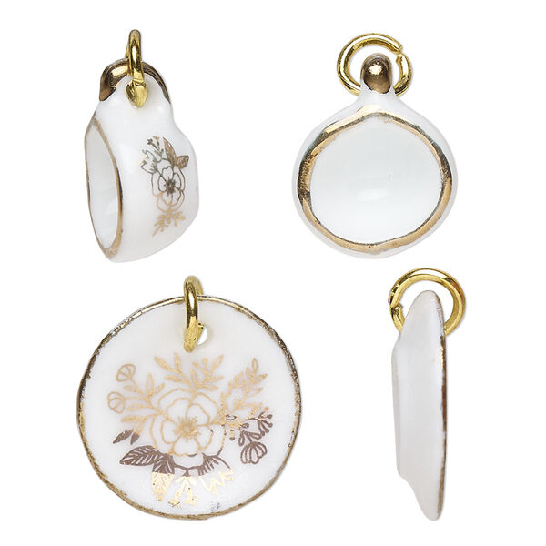 Charm, ceramic and gold-finished steel, gold and white, 16x7mm and 19mm 3D cup and saucer with floral design and jump ring. Sold per pkg of (2) 2-piece sets. image number 0