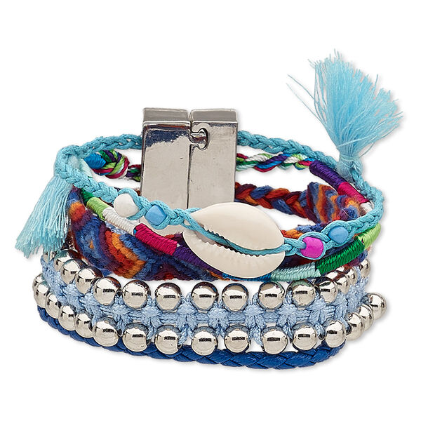 Bracelet, 5-strand, cowrie shell (natural) / nylon / polyurethane / silver-coated plastic / silver-finished "pewter" (zinc-based alloy), blue and multicolored, 37mm wide, 6-1/2 inches with magnetic locking clasp. Sold individually. image number 0