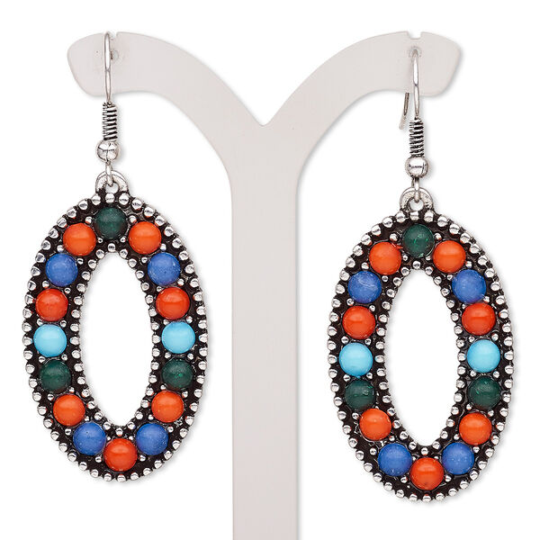 Earring, resin with antique silver-plated brass and "pewter" (zinc-based alloy), multicolored, 2-1/4 inches with open oval and fishhook ear wire. Sold per pair. image number 0