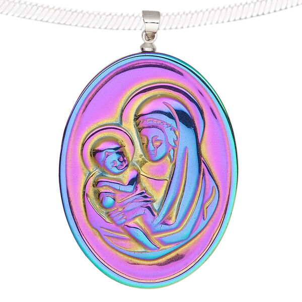 Pendant, electroplated Hemalyke™ (man-made) and silver-finished brass, rainbow, 41x31mm single-sided oval with Mary and baby Jesus. Sold individually. image number 0