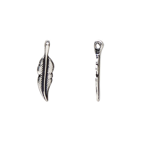Charm, antique silver-plated "pewter" (zinc-based alloy), 19x5mm double-sided feather. Sold individually. image number 0