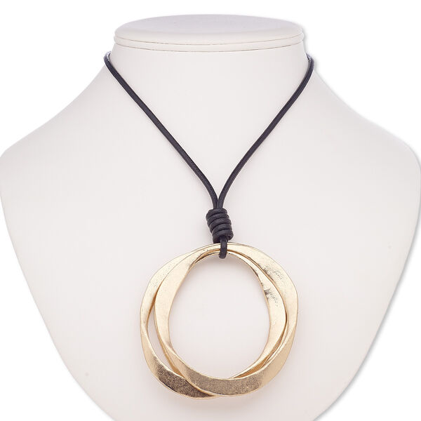 Necklace, leather (dyed) / rose gold-finished plastic / rose gold-finished brass / steel / "pewter" (zinc-based alloy), black, 3-1/4 x 2-3/4 wavy round donut, 32 inches with 2-inch extender chain and lobster claw clasp. Sold individually. image number 0