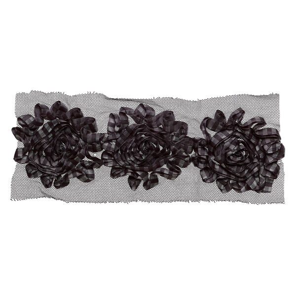 Sew-on component, fabric, black and silver, 2-3/4 to 3-1/4 inch rose with plaid design. Sold per pkg of 3. image number 0