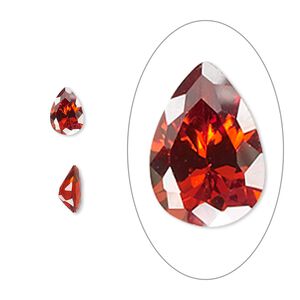 Gem, cubic zirconia, garnet red, 7x5mm faceted pear, Mohs hardness 8-1/2. Sold per pkg of 2.