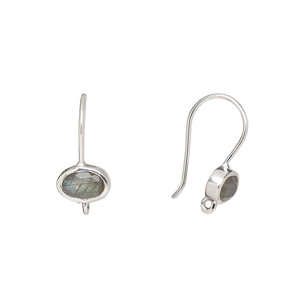 Ear wire, labradorite (natural) and sterling silver, 15.5mm fishhook with 7.5mm oval and closed loop, 22 gauge. Sold per pair. image number 0