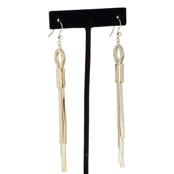 Earring, glass rhinestone and gold-finished brass, clear, 4-1/4 inches with rectangle and fishhook ear wire. Sold per pair. image number 0