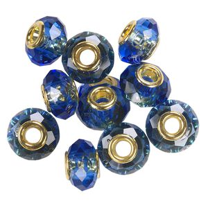 Bead 10pk 32 facets medium blue gold finish, Celestial Crystal® Dione® 14x9mm rondelle