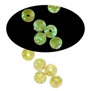 Bead, lampworked glass, clear / peridot green / glow-in-the-dark / gold, 6mm round. Sold per pkg of 6.