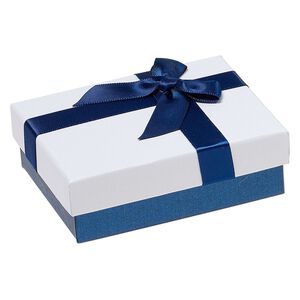 Gift box, cardboard / paper / velveteen / nylon, blue shimmer / white / black, 1 x 2-1/2 x 3-1/2 inch rectangle with ribbon and bow. Sold per pkg of 12.