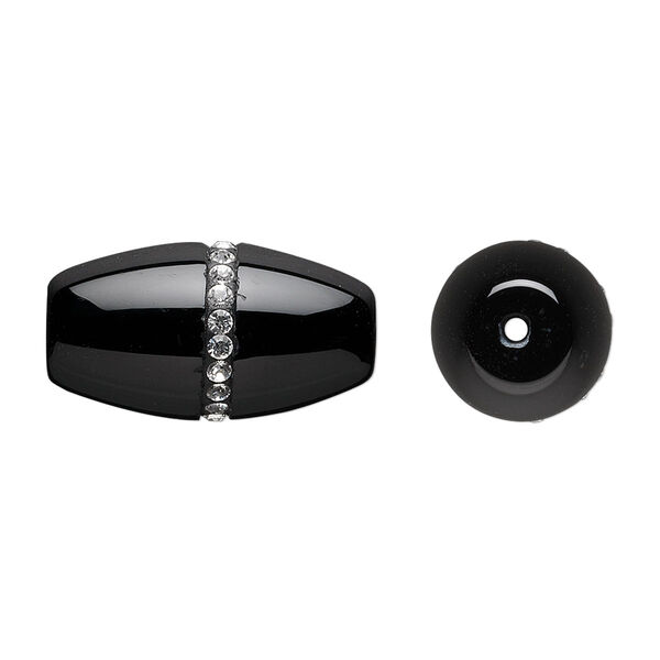 Bead, black onyx (dyed) and crystals, crystal clear, 22x12mm barrel with 2mm chatons, B grade, Mohs hardness 6-1/2 to 7. Sold individually. image number 0