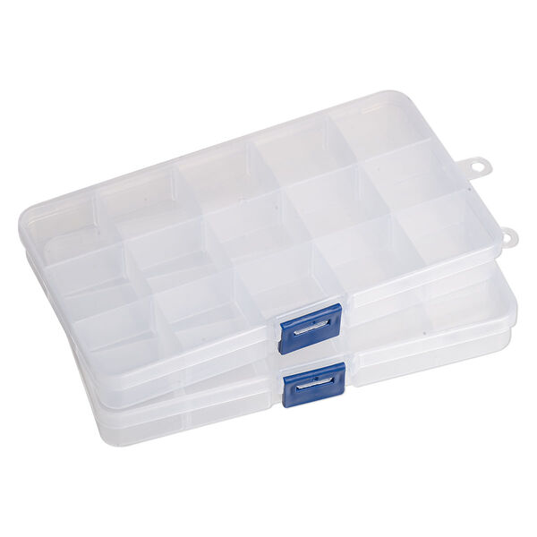 Organizer box, plastic, clear and blue, 6-3/4 x 3-3/4 x 3/4-inch with hang tab, 15 compartments. Sold per pkg of 2. image number 1