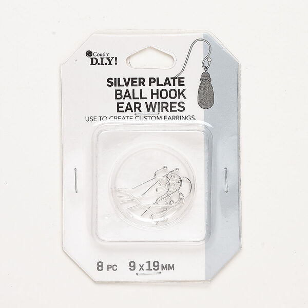 Ear wire, silver-finished steel, 9mm fishhook with 2mm ball, 19 gauge. Sold per pkg of 4 pairs. image number 0