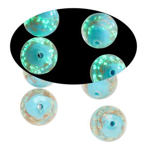 Bead, lampworked glass, clear / light blue / glow-in-the-dark / gold, 14mm round. Sold per pkg of 4.