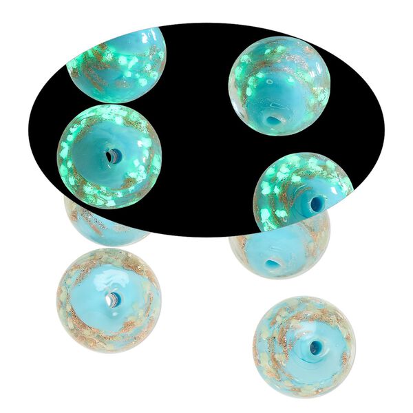 Bead, lampworked glass, clear / light blue / glow-in-the-dark / gold, 14mm round. Sold per pkg of 4. image number 0
