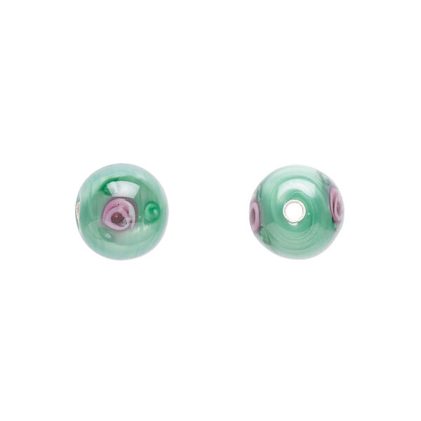 Bead, Czech lampworked glass, opaque green and pink, 8-9mm round with flower design. Sold per pkg of 6. image number 0