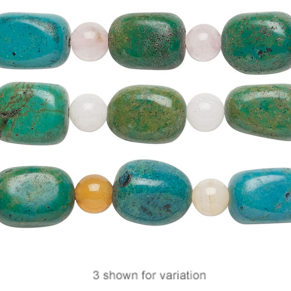 Bead mix, "turquoise" (imitation) resin and multi-gemstone (natural / dyed / heated / irradiated), teal green and dark forest green, 6mm round and small nugget. Sold per pkg of 7. image number 0