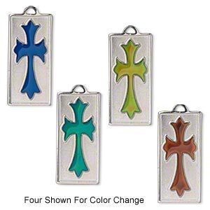 Focal, acrylic and imitation rhodium-plated "pewter" (zinc-based alloy), multicolored, 30x14mm color-changing single-sided rectangle with fancy cross. Sold per pkg of 2.