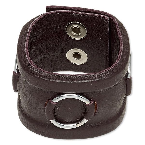 Bracelet, leather (dyed) and silver-plated steel, brown, 40mm wide, 6-1/2 inches with snap closure. Sold individually. image number 0