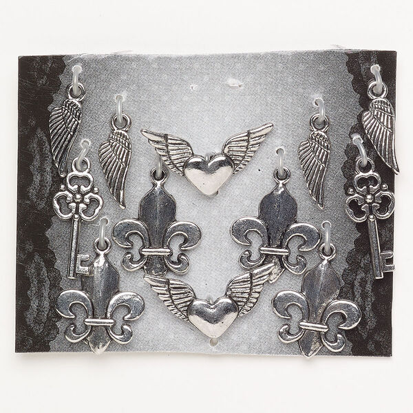 Charm assortment "pewter" zinc-based alloy 12pk 14.5x6.5mm-25x12mm mixed shapes, antique silver finish image number 0
