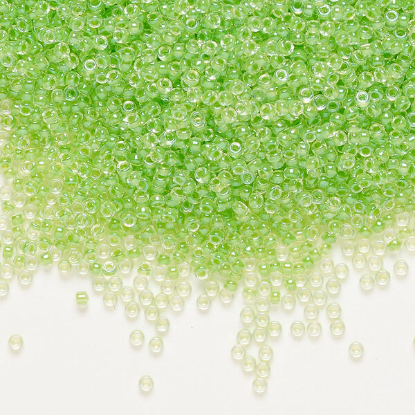 Seed bead, Miyuki, glass, pkg/35g, #15 rocaille, translucent light green-lined luster crystal clear (RR-228). image number 0