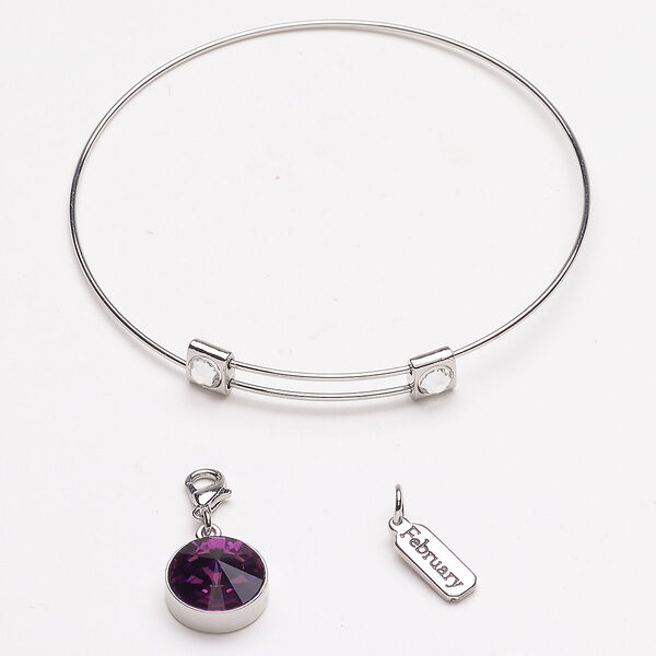 Bracelet and charm "pewter" zinc-based alloy steel 3pk 8-inch bangle wearable length, silver finish amethyst image number 0