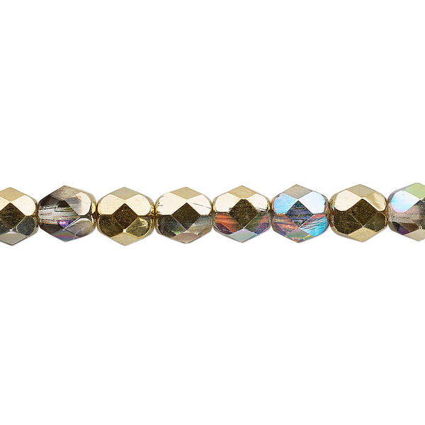 Bead, Czech fire-polished glass, two-tone clear AB and metallic amber gold, 6mm faceted round. Sold per 15-1/2" to 16" strand. image number 0