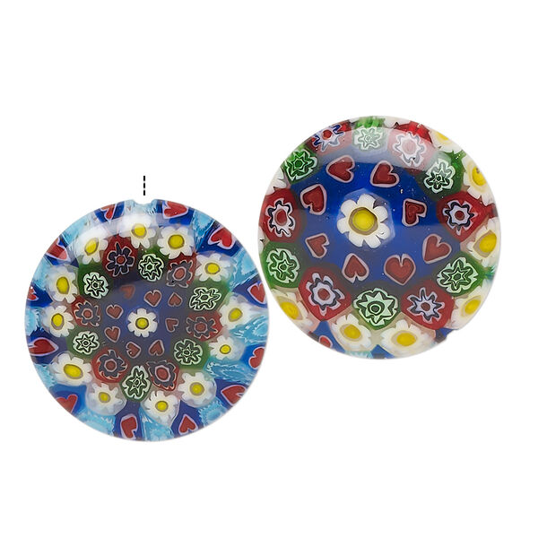 Bead, millefiori glass, translucent mixed colors, 20mm half-drilled puffed flat round with heart and flower design, 0.6-0.8mm hole. Sold per pkg of 2. image number 0