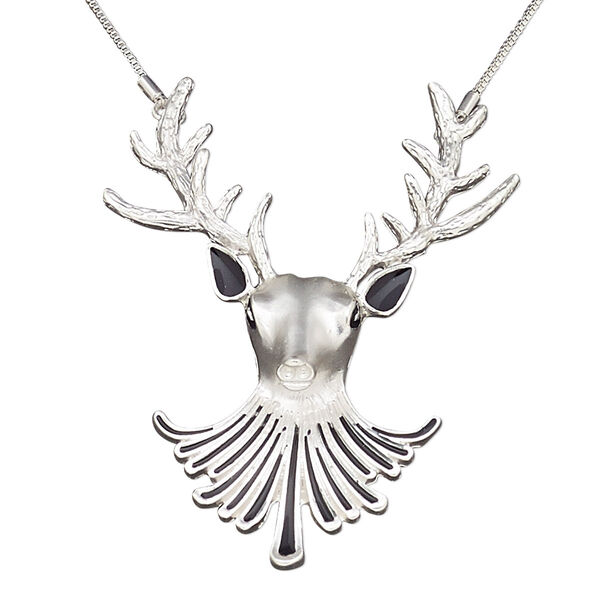 Necklace, enamel / silver-coated plastic / silver-plated steel / "pewter" (zinc-based alloy), black, 3x2-1/2 inch reindeer, 16 inches with 2-inch extender chain and lobster claw clasp. Sold individually. image number 0