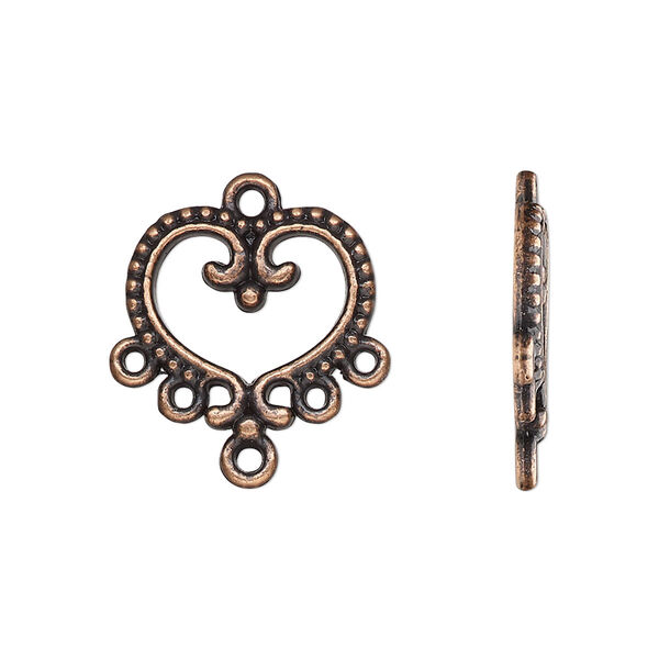 Drop, antique copper-finished "pewter" (zinc-based alloy), 17x16mm single-sided open beaded heart with 5 closed loops. Sold per pkg of 20. image number 0