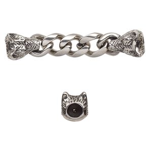 Focal, antiqued stainless steel, 51x9.5mm with 12.5x10mm wolf and 8.6mm curb chain with 2 glue-in cord ends, 4.5mm inside diameter. Sold individually.