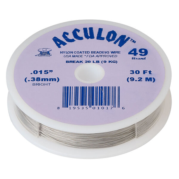 Beading wire, Acculon®, nylon-coated stainless steel, clear, 49 strand, 0.015-inch diameter. Sold per 30-foot spool. image number 0