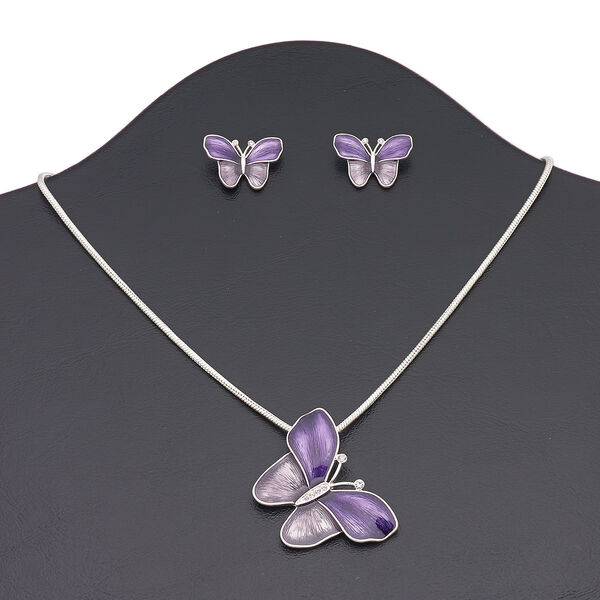 Necklace and earring set, enamel / Czech glass rhinestone / silver-finished brass / steel / "pewter" (zinc-based alloy), purple / lavender / clear, 42x40mm butterfly, 16 inches with 3-inch extender chain and lobster claw clasp, 22x16mm butterfly with post. Sold per set. image number 0