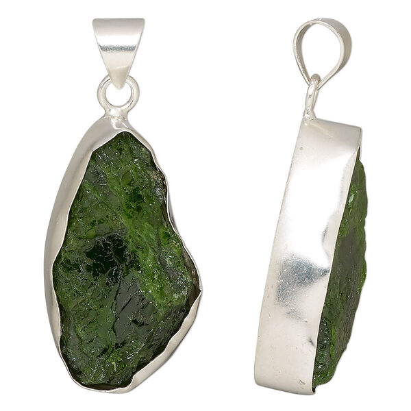 Pendant, chrome diopside (natural) and sterling silver, 23x12mm-32x18mm rough slab. Sold individually. image number 0
