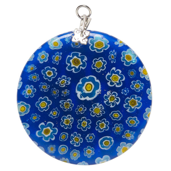 Focal, millefiori glass and silver-finished steel 1pkg1, translucent cobalt blue / yellow / white, 35mm puffed flat round. image number 0