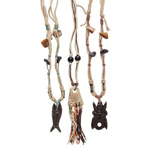 Necklace mix, ceramic / wood / bone (dyed) / cotton cord, multicolored, 28x28mm-50x38mm multi-shape, 18 inches.  Sold per pkg of 3.