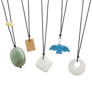 Multi-gemstone / nylon / glass 1pkg5, mixed shape necklace 28 inch / tie closure mix 18x13-28x27mm