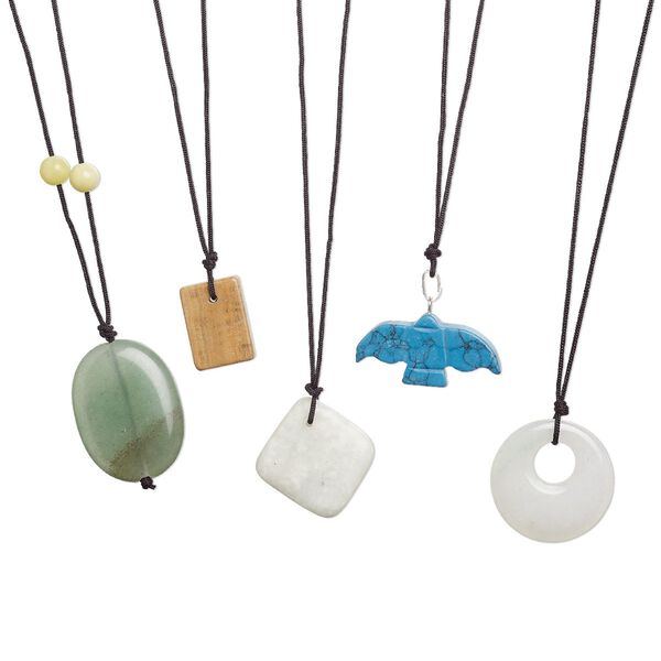 Multi-gemstone / nylon / glass 1pkg5, mixed shape necklace 28 inch / tie closure mix 18x13-28x27mm image number 0