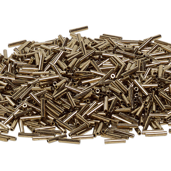 Bead, Miyuki, bugle bead, glass, pkg/250 g, 9x1.9mm center-drilled, opaque dark gold, (RBU-0457). image number 0