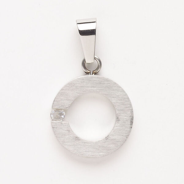 Pendant, steel and cubic zirconia, pkg/1, 25mm open round, silver finish and clear. image number 0