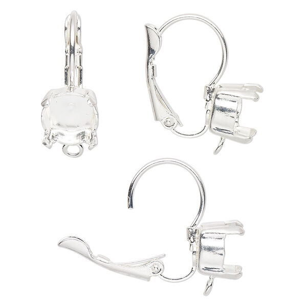 Ear wire, silver-plated brass, 20mm leverback with SS39 4-prong rivoli or chaton setting and loop. Sold per pair. image number 0