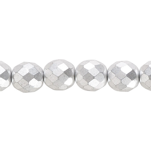 Bead, Czech fire-polished glass, opaque satin silver, 10mm faceted round. Sold per 15-1/2" to 16" strand, approximately 40 beads. image number 0