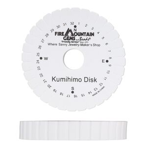 Kumihimo disk, EVA foam, white and black, 4-1/4 inch single-sided round with 1-inch hole and 32 slots, 3/4 inch thick. Sold individually.